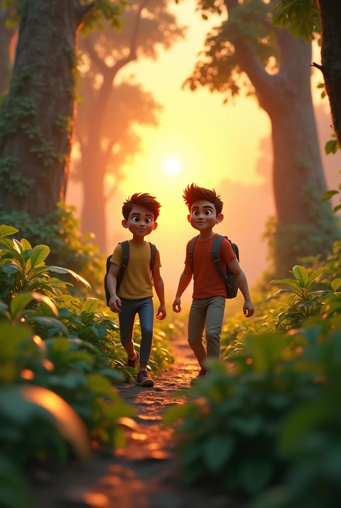 Need a 3d animation style, ramu and shyam in down the trees , sunrise time study motivation YouTube thumbnail create 