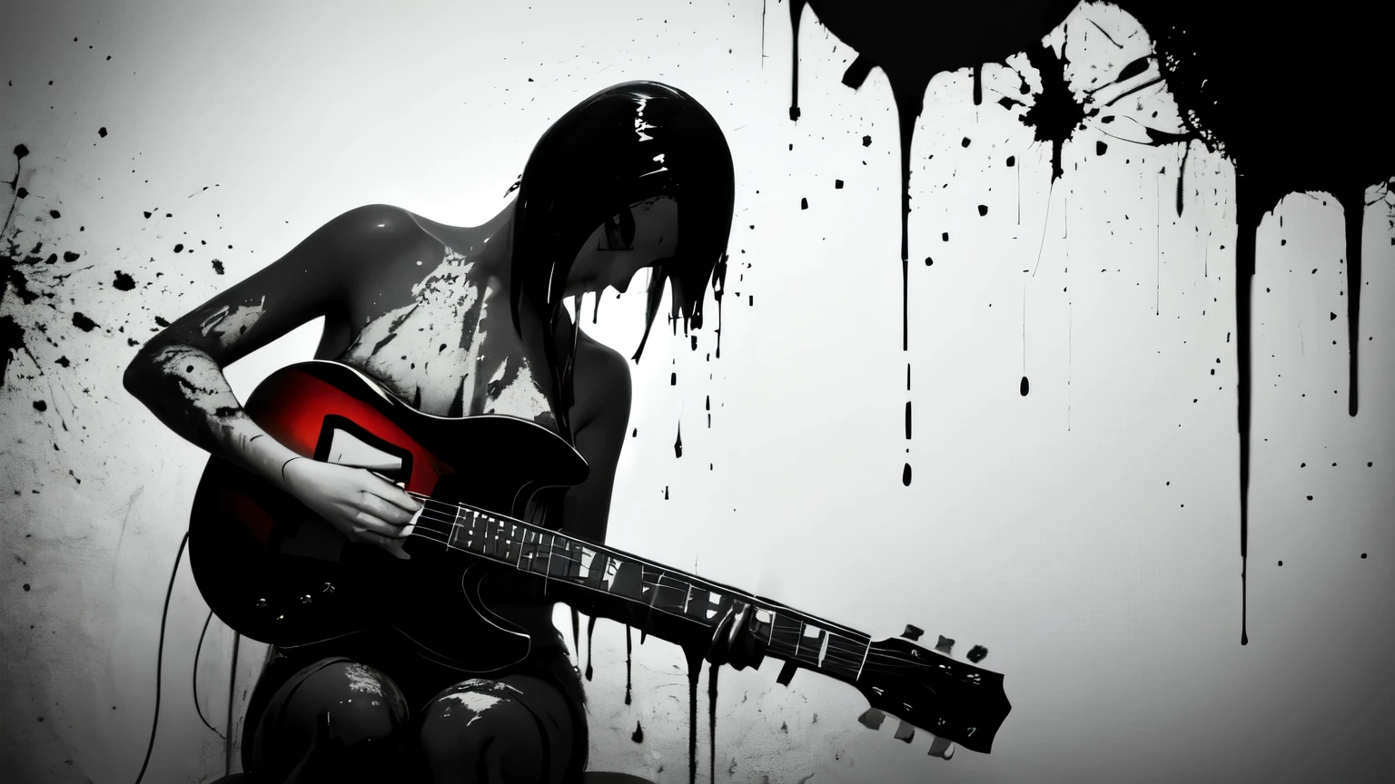  simple background, monochrome, horror (theme) there is a broken guitar in the picture, black paint splatted, (((guitar)))