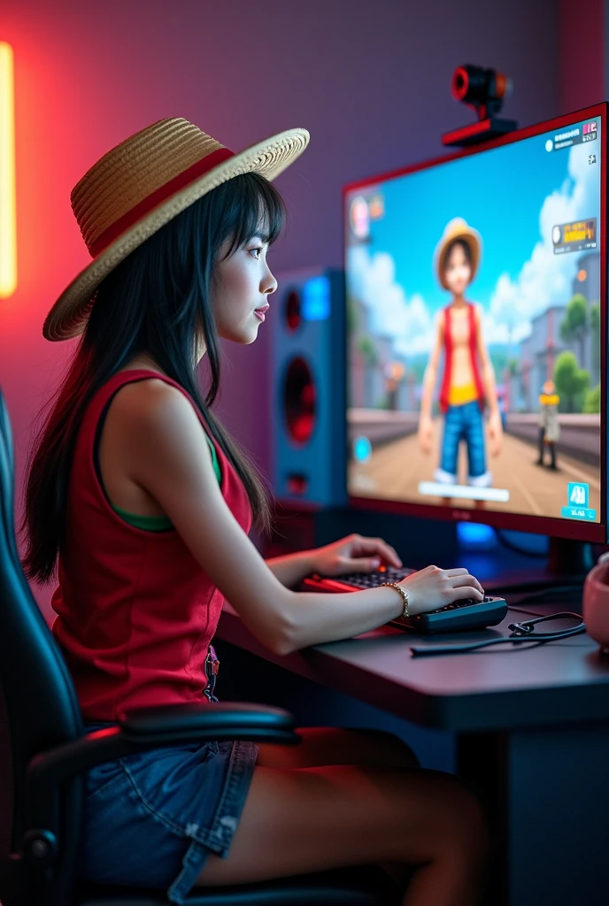 Girl dressed a s monkey d luffy and streaming pubg Mobile in YouTube 
