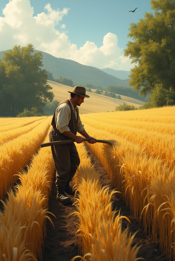 Daddy's in the garden, planting rows of wheat.