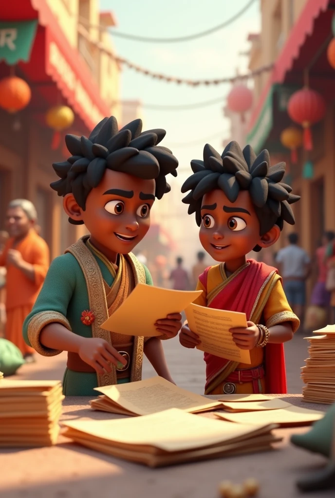 3d cinematic cartoon style image of "Shyāmū, with a determined look, is searching for the document. Ramū, visibly relieved, stands nearby. The scene captures their teamwork and the busy mela in the background."