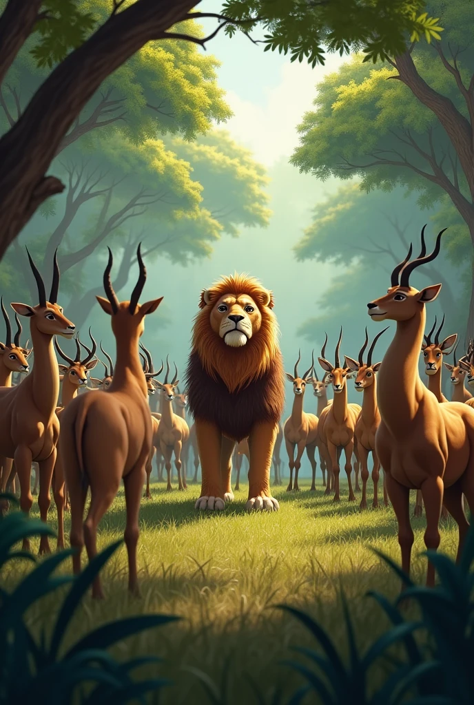 All the animals gathered in a clearing, looking worried as the lion announces his demand for daily prey.