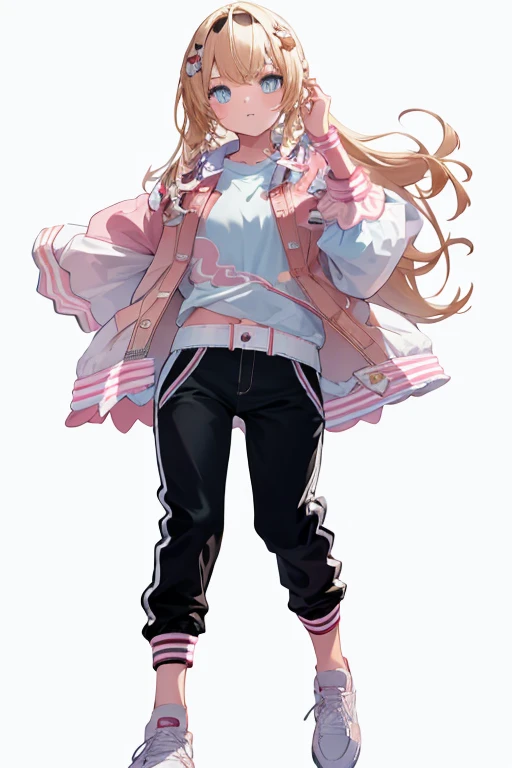 pink letterman jacket, black long pants, full body, high quality, run way, White background,