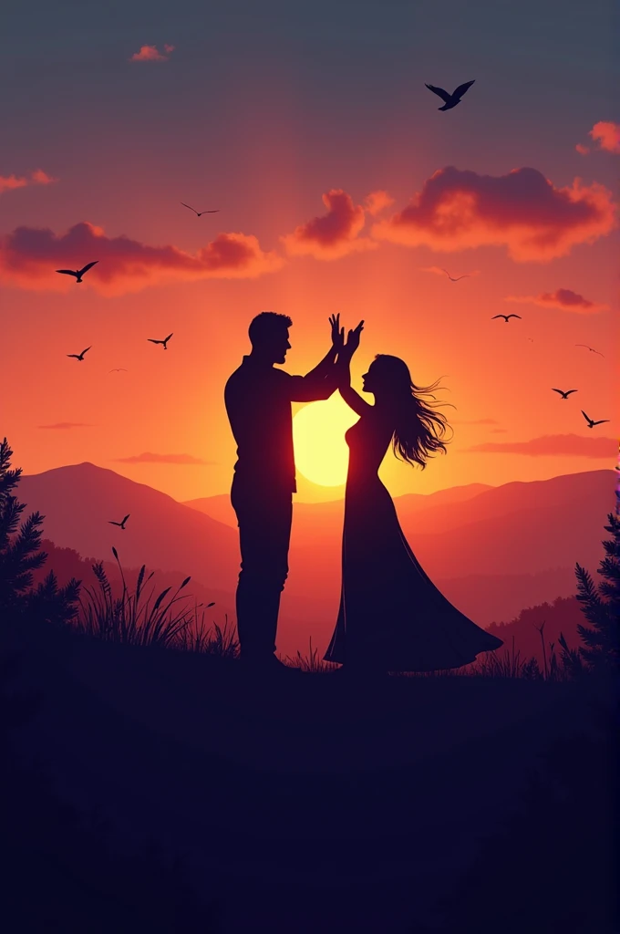 Couples danceing the night away at different color sunset in a on a beautiful hill top with birds flying