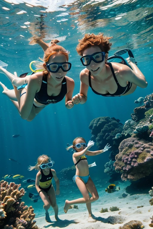 Happy skinny kids family scuba-diver sweden, with short ginger hair, dressed in light panties swimsuit, happy to pet fish, on a scorching summer day, in the lagoon on holidays.