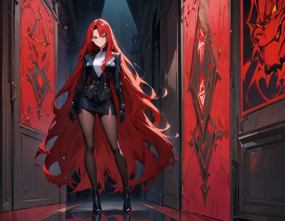 Long red hair, yellow eyes, evil, sexy, black and red clothes, tied hair, cute hairstyle, evil face, evil, serious look, gloss lips, sit, sinister, front look, bloody, gloves, beautiful eyes, short dress, big white, dark place, night, sensual, straigh hair cut, clear skin, evil, young 30 years girl, adult girl, solo, red, very long hair, HAIR DOWN, ANKLE LENGTH HAIR, FIERCE EXPRESSION, villain, handsome older WOMAN,crimson-eyes,crimson pupils,Long CRIMSONhair,Hyperresolution,accuracy,Detailed rendering,(Subtle facial image)(Image of fine hair)(topquality)(Masterpieces of masters)(High degree of completeness)(A sense of atmosphere)tmasterpiece,Super detailed and super detailed(portrait))(((Mature woman))) (((Villain))) (((Older female)))(((Full body view)))