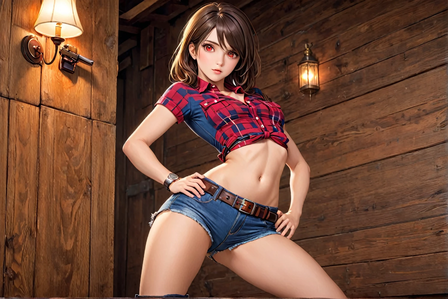 (((One female gunfighter:2.0))),(((NSFW:0.5))),(((Wearing denim hot pants:1.5))),(((Wear a red checked short-sleeved collared shirt:1.5))),(((Wear a gun belt with a holster:1.8))),,((Put the watch on your wrist:1.5))),(((Exposed thin inner thighs))),(((Small breasts:1.5))),(((Navel exposed:1.5))),(((Bare arms))),(((Put your boots on:1.5))),((Blushed:1.8)), Beautiful detailed, Very detailed目と顔, 緻密でBeautiful Eyes, Very detailed, High resolution, Highest quality, masterpiece, Very detailed, 8k wallpaper, wonderful, finely, Highest quality,(Standing in front of a wooden wall),Beautiful Eyes,((Engage your audience:1.2))),((Drinking whiskey:1.0)),(((Frightened face:1.5)))