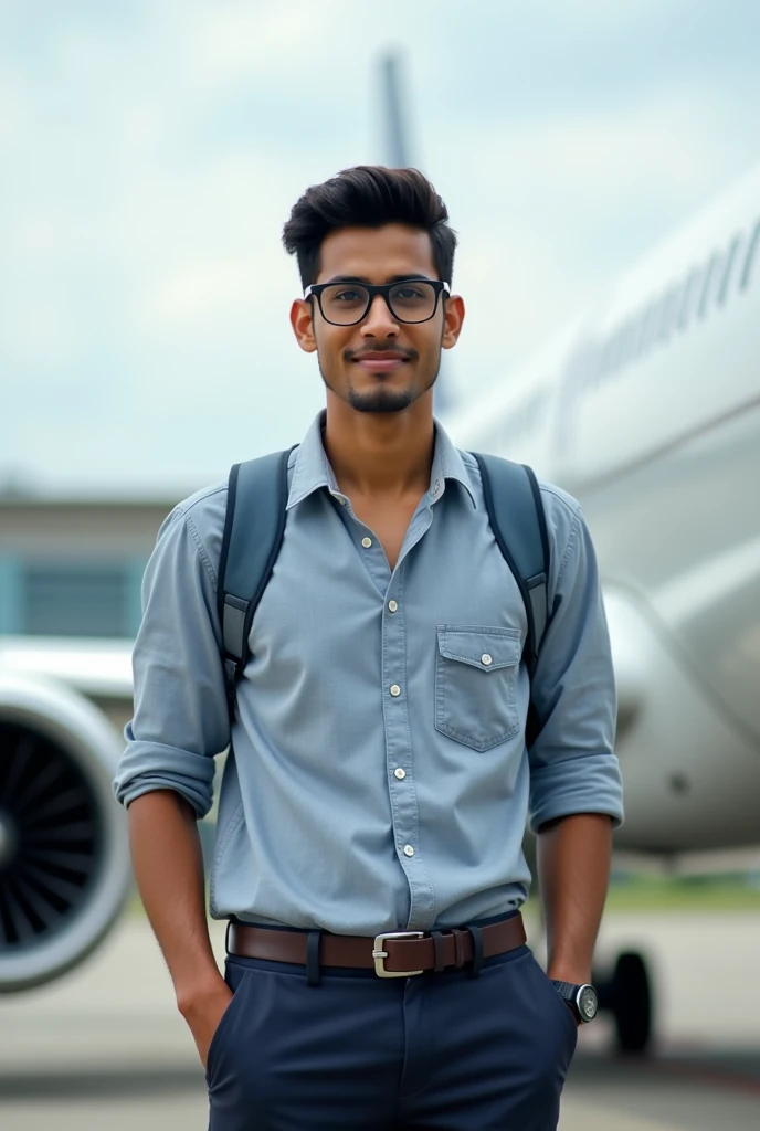 20 year old Indian boy watch normal dress and glasses posing for aeroplane in background