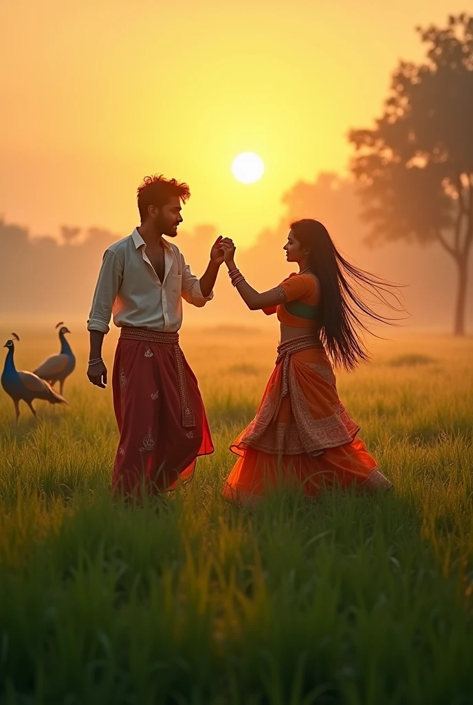 Telangana village man of age 20 dance with telangana girl of age 18 in fields not touching 3 meters distance between them little rain sun is setting peacocks in back ground 