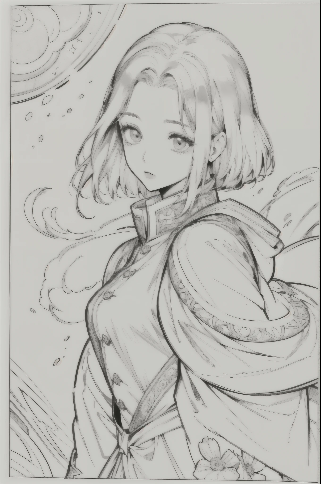 ((As a coloring book, the colors should be white and black, the border should be simple, clear, distinct and thick lines)). Cartoon picture book of beautiful Asian girl with short golden hair, clear skin, one girl, close up of head, cosmos background, clean line drawing