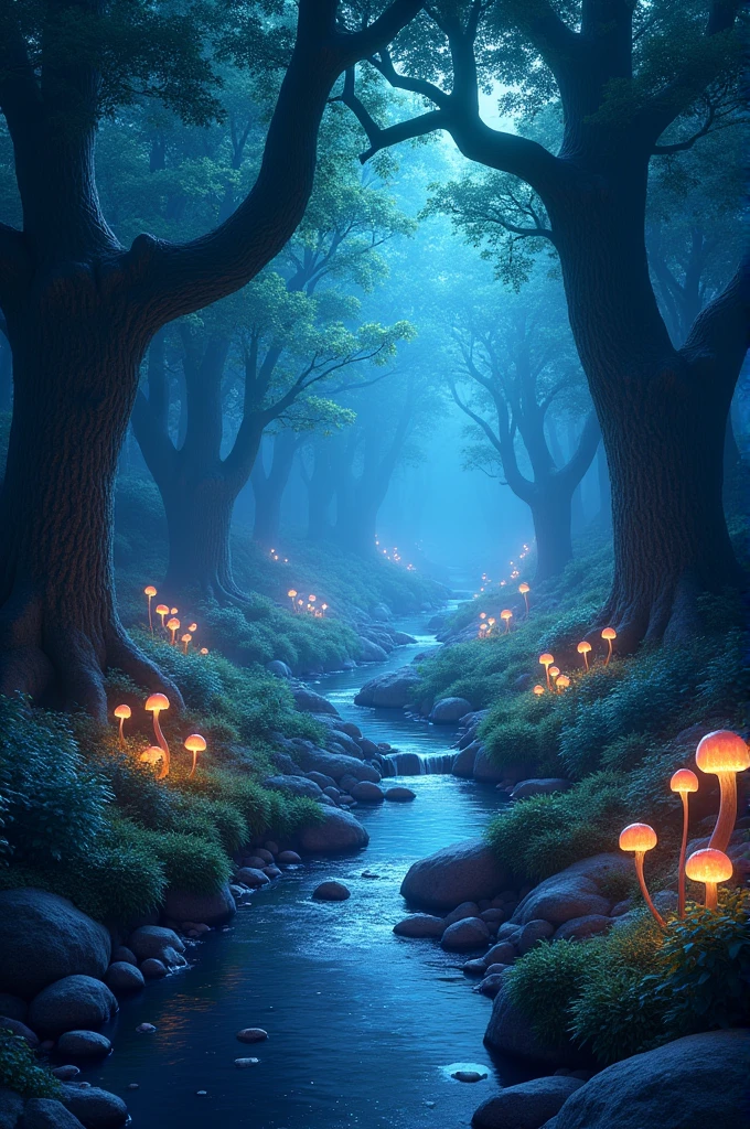 Design an image of a magical forest at twilight. The forest should be dense with tall, ancient trees whose leaves glow with bioluminescence. A winding path should lead through the forest, illuminated by floating orbs of light. Include a small, crystal-clear stream running alongside the path, with delicate flowers and mushrooms glowing softly in the dim light."