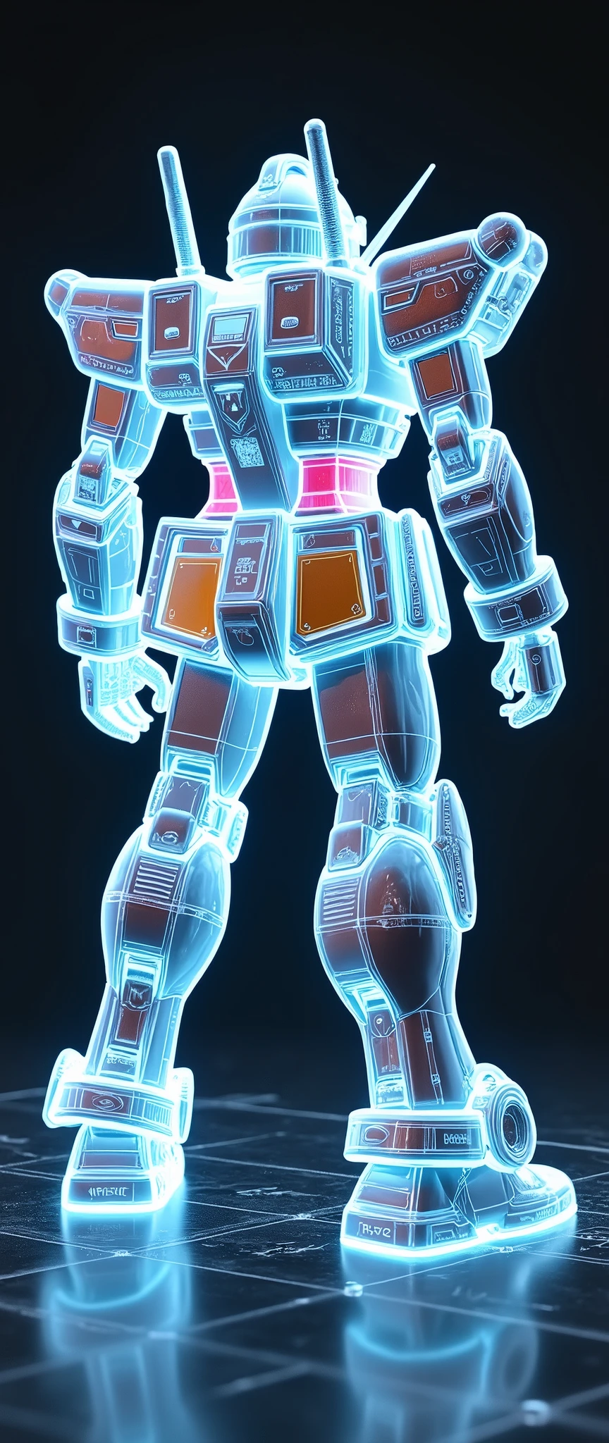 (masterpiece:1.2,Exceptional Quality,mirror-like,Cinematic Experience,Photorealistic:2.0,RAW Photos:2.0,Super detailed),8k,wallpaper,,(Depicted in a hologram:2.0),(Hard Edge:2.0),(Robot blueprint:2.0),(Draw the back view:2.0),(機動戦士Gundam:2.0),(Gundam),(RX78-2:2.0),(Twin Eye:2.0),(Avant-garde mechanical design:2.0),(Drawing detailed blueprints:2.0),(Numerous notes about the settings:2.0),(Rainbow Colors:2.0)