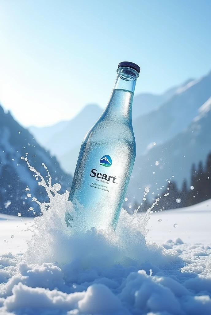 A stunning high-resolution photo of a "SeaArt" mineral water bottle made of clear glass, exclusive and expensive design, unique style logo "SeaArt", and the bottle designed like a ((water droplet shape bottle)) with textures. The bottle appears pristine and frosty, as if just taken out of the freezer. The bottle is shown falling onto a pile of cracked ice on snowy ground, with snow particle splashing all around it in a mesmerizing dance. The image is captured in a close-up, low-angle shot, creating a cinematic and poster-worthy effect that emphasizes the cleanliness and refreshing nature of the product., portrait photography, poster, photo, cinematic, product. In background distance mountains with snow on top.