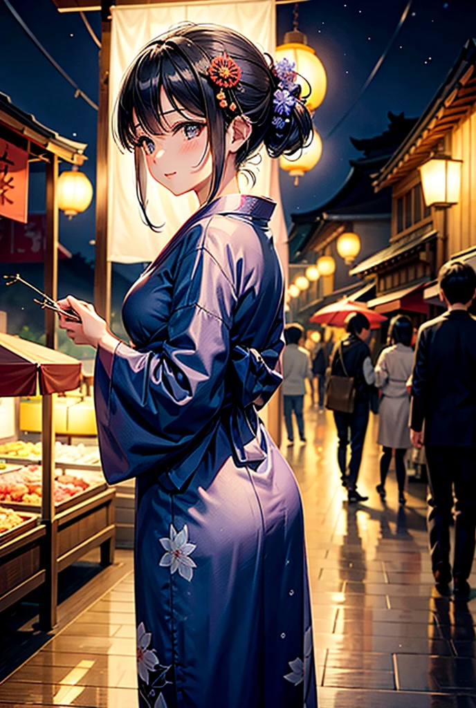 Wearing a bright navy blue yukata on a summer night。The yukata features a delicate morning glory pattern.、The sudden rain gives off a cool summer vibe.。She is at the summer festival at night、Standing under the dim light of a lantern、Her black hair, which reaches down to her back, is blowing in the wind.。Her eyes have a deep and fascinating look、There is a slight smile on his lips。In the background、As the cool sound of wind chimes echoes、People wearing yukata々The street lined with food stalls and bustling people spreads out.、Fireworks are shining in the night sky。The overall atmosphere is、Enveloped in the mystery and coolness of a summer night、It gives off an elegant and enchanting beauty.