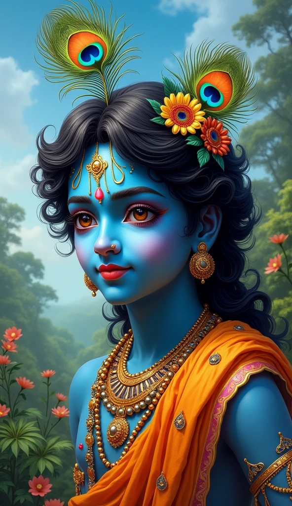 Beautiful Krishna and a peacock feather on his head portrait