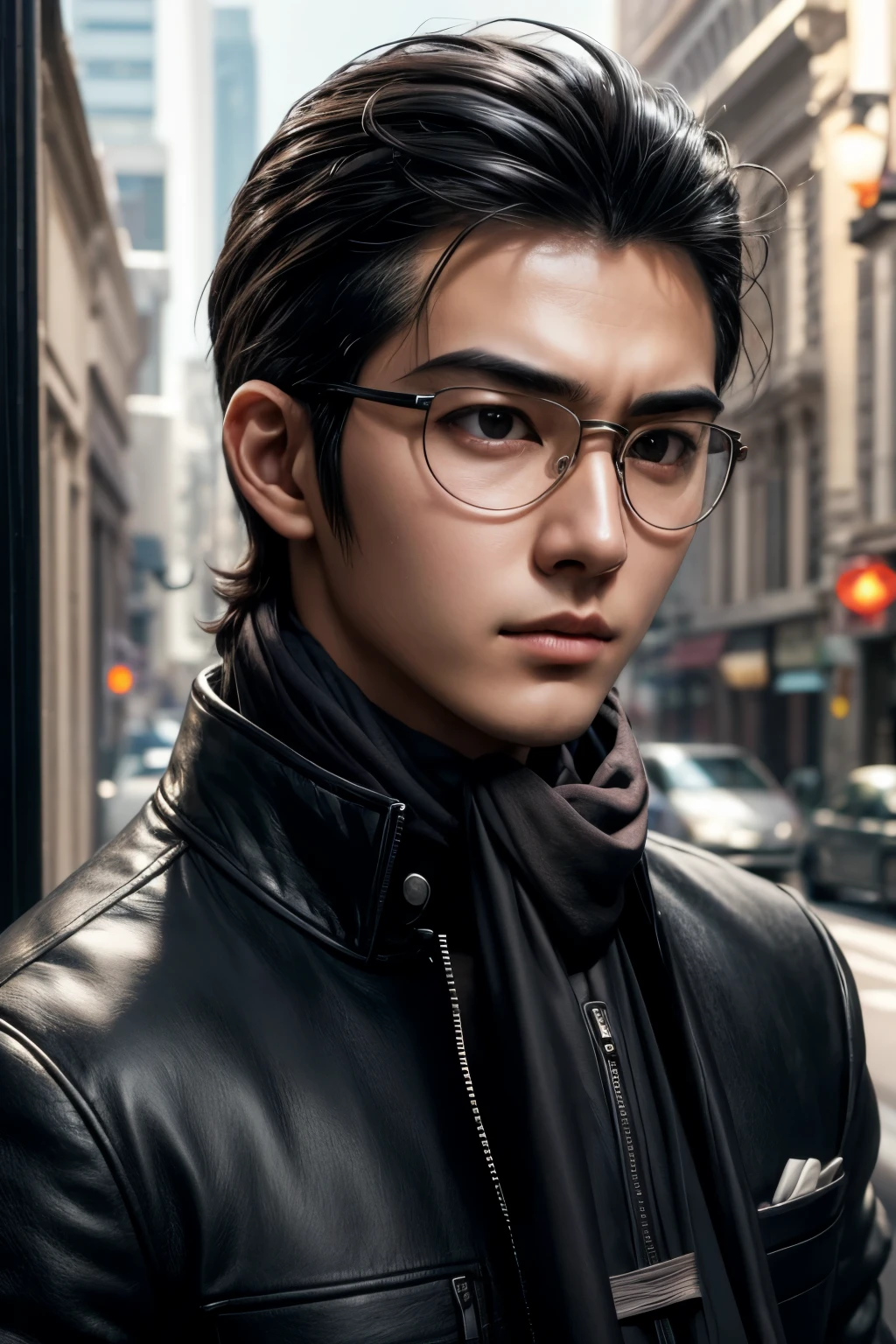 1boy, handsome, wear glasses, wearing white blouse, wearing black jacket, wearing scarf, cool, hd, high quality, realistic-style, ultra-realistic, hyperrealistic, closer distance face, closer distance head, his distance pressing against me, 8k resolution