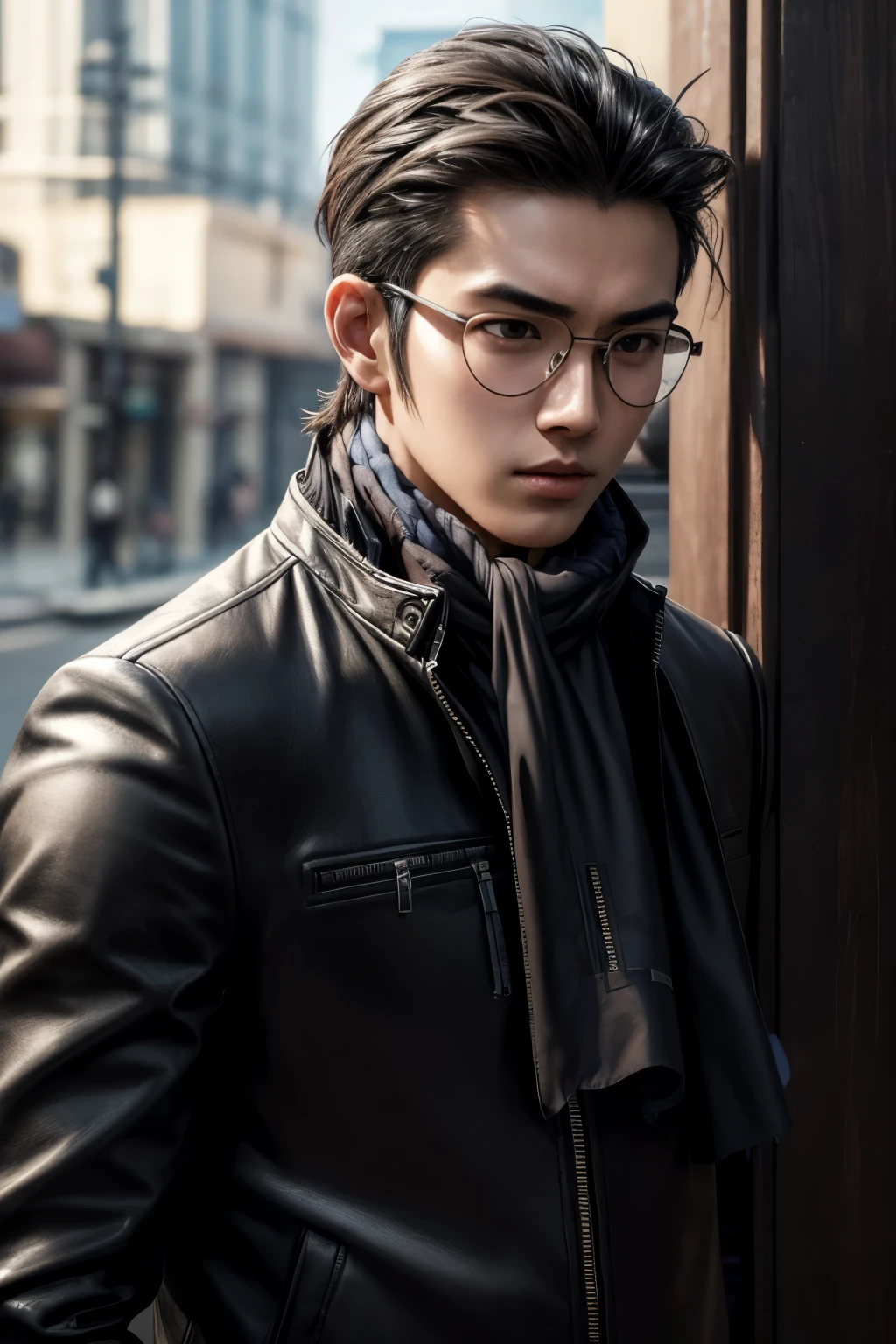 1boy, handsome, wear glasses, wearing white blouse, wearing black jacket, wearing scarf, cool, hd, high quality, realistic-style, ultra-realistic, hyperrealistic, closer distance face, closer distance head, his distance pressing against me, 8k resolution