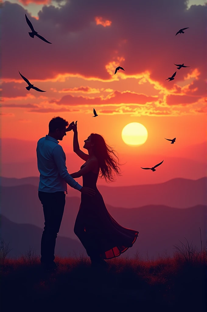 Couples danceing the night away at different color sunset in a on a beautiful hill top with birds flying
