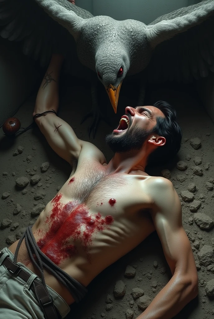 promised with his legs and arms tied in agony and covered in blood while the bird pecks at his belly