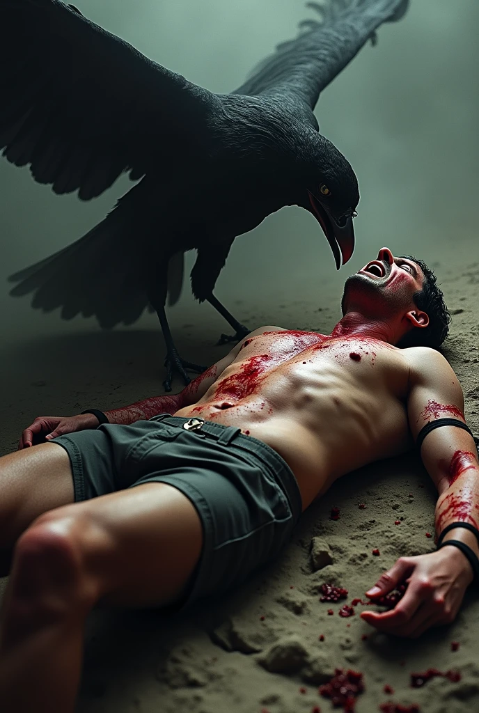 promised with his legs and arms tied in agony and covered in blood while the bird pecks at his belly