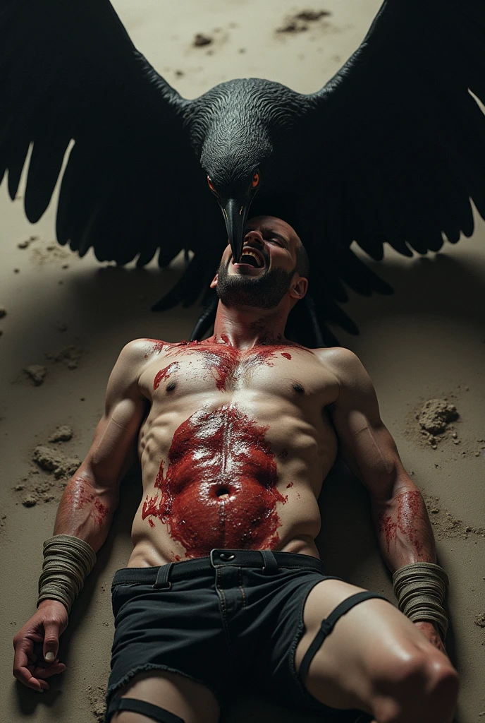 promised with his legs and arms tied in agony and covered in blood while the bird pecks at his belly
