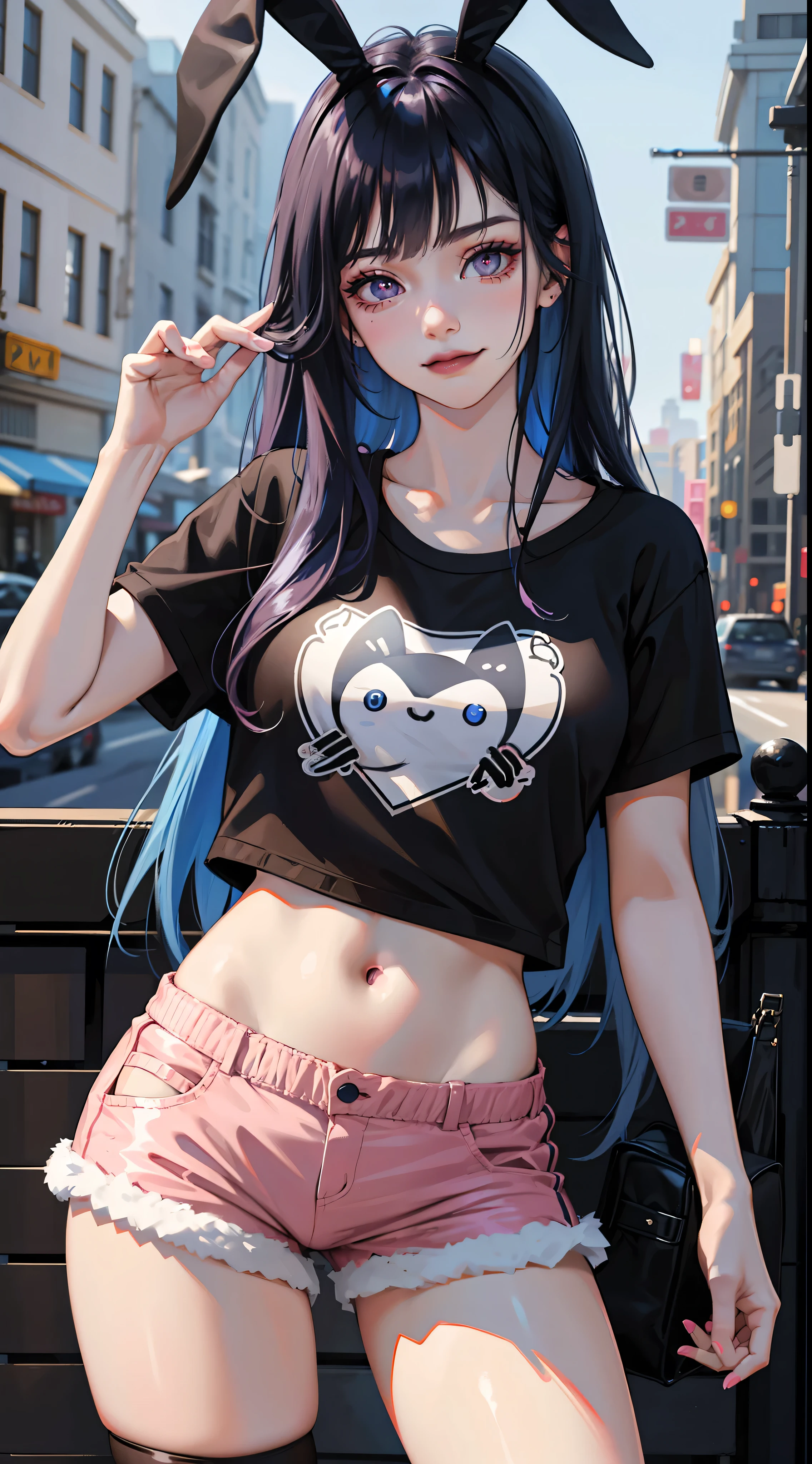 young girl, long dark blue hair, bunny ears, pink eyes, black lipstick, black eye shadow, smirk, tshirt, Short shorts, Masterpiece, hiquality, 4k, HD, Good detail