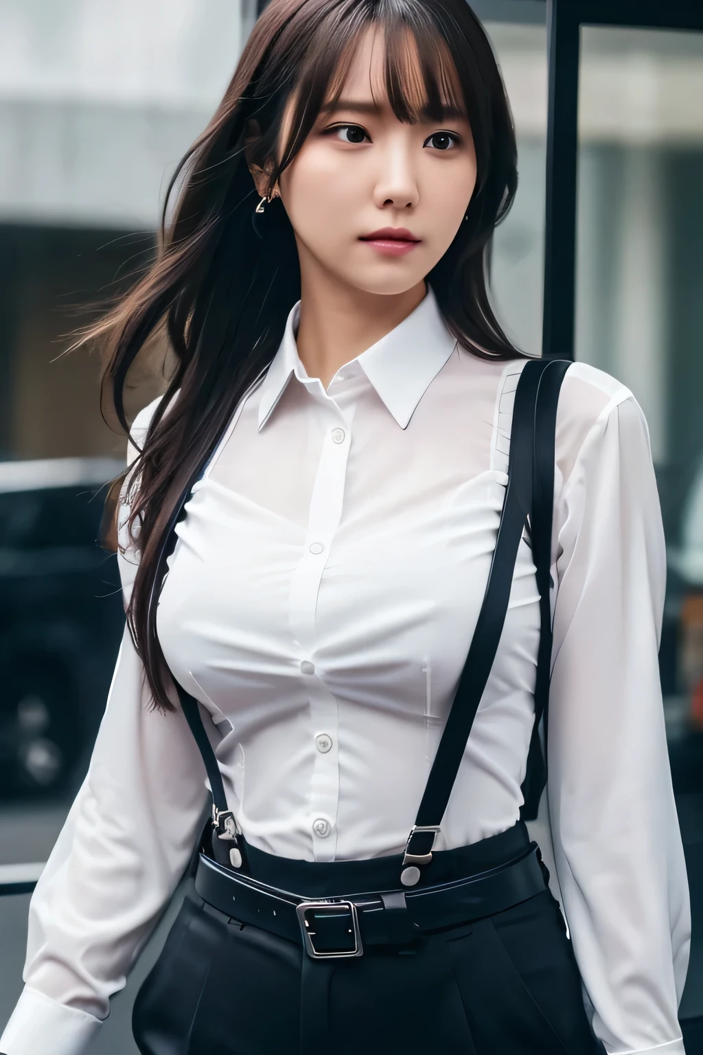 a woman in a suit, belt, hands behind back, sweating, suspenders, black pants, sexly, large breasts, see-through clothing, rain, detective, office worker, white button-up shirt, (best quality,4K,8k,highres,masterpiece:1.2),ultra-detailed,(realistic,photorealistic,photo-realistic:1.37),hyper-detailed,highly detailed face and body, Slender　thin　suspenders　Moderate breasts　See-through shirt　Nipples　holster　chain　Pistol　Armament　criminal　Female criminal　knife