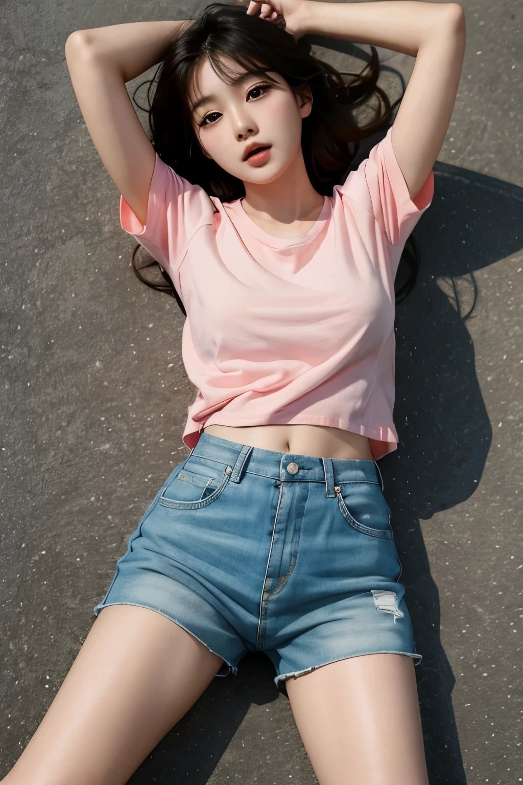 Korean girl lying on the floor,I'm wearing shorts,open your legs