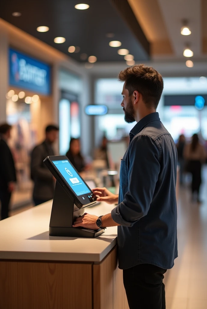 A compact device kept on desk of a counter at mall where a man is scanning his face to make payment the device recognises face and payment is done