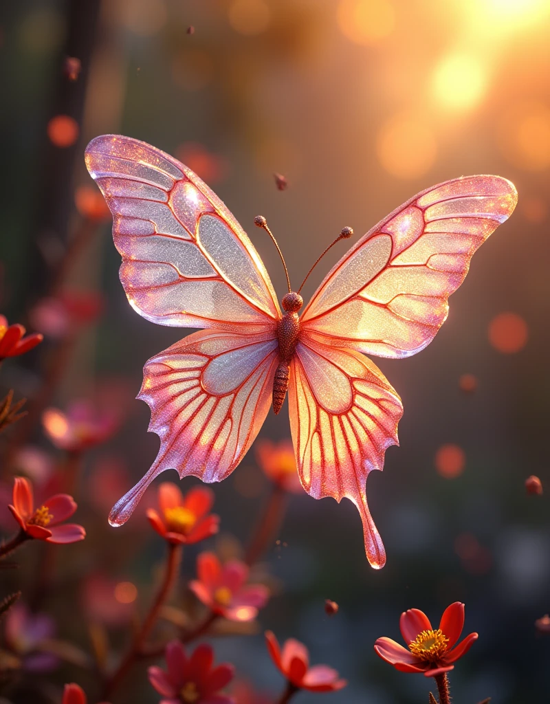 Crystal butterfly, Fantasy, sunlight, transparent, Sparkling, Sparkling的, wonderful, Rich and colorful, wonderful写真, Dramatic lighting, Photorealism, Very detailed, 4K, Depth of written boundary, High resolution