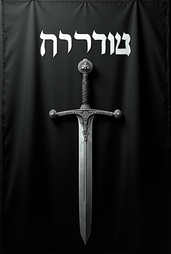 Create a flag with black background and white text "KING OF KINGS " in Hebrew .make a sword under the title like Saudia