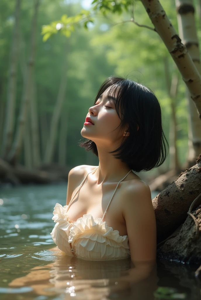 High resolution, masterpiece, Highest quality, One person, Japanese, Cute face、Look up at the sky、Close ~ eyes、Black Hair, Straight Bob Cut, Ruffled Bikini、Large Breasts, Sweat、Wet Hair、Wet body、Next to a beautiful birch forest、The background is a beautiful birch forest、Sleeping in the river、Background blur, Lens flare, movie, 