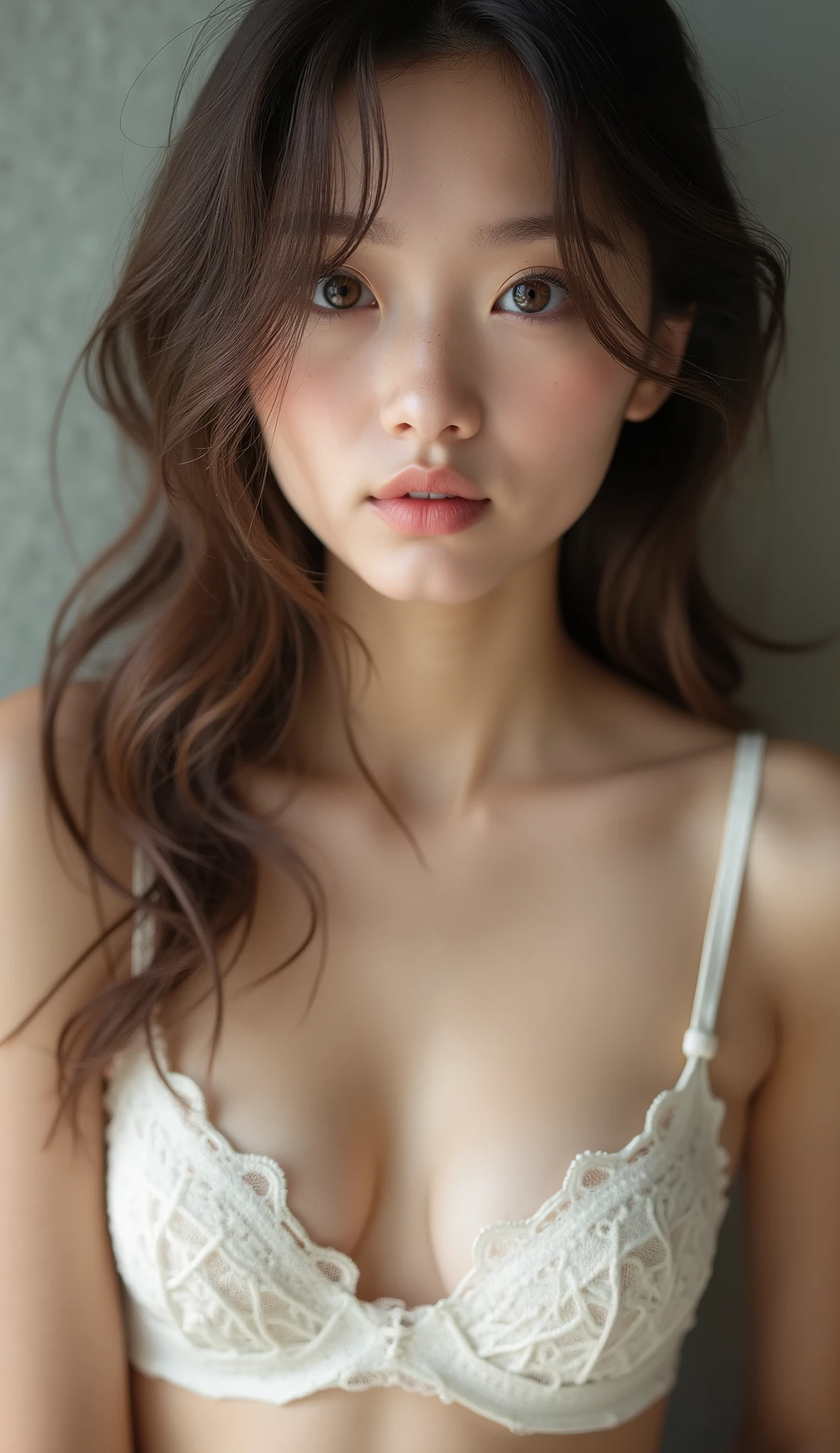 raw photo, ung girl, kawaii, brown eyes, extremely detailed eye and face, fair skin, lace cute bra, beautiful breasts, upper body, Best Quality, highly detailed, High-definition raw color photos, professional photograpy, Realistic portrait,