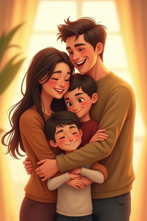 A family of four hugging and smiling in the warm light