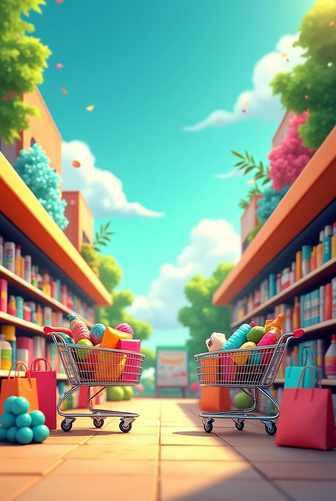 "Create a Facebook cover image for a shopping and mart theme in avatar style. The cover should be vibrant and eye-catching, with a modern and clean design. Include images of shopping carts, bags, and products like smart gadgets, home decor, and kitchen. The color scheme should feature bright, inviting colors such as blue, green, and orange. The text should read 'Welcome to Your One-Stop Shop' in a bold, friendly font. Make sure the layout is balanced, with space for the profile picture on the left side."