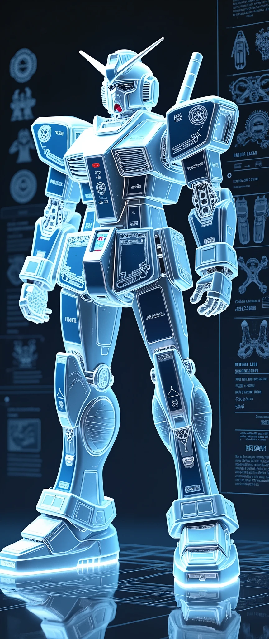 (masterpiece:1.2,Exceptional Quality,mirror-like,Cinematic Experience,Photorealistic:2.0,RAW Photos:2.0,Super detailed),8k,wallpaper,,(Depicted in a hologram:2.0),(Hard Edge:2.0),(Robot blueprint:2.0),(Draw the front view:2.0),(機動戦士Gundam:2.0),(Gundam),(RX78-2:2.0),(Twin Eye:2.0),(Avant-garde mechanical design:2.0),(Drawing detailed blueprints:2.0),(Numerous notes about the settings:2.0)