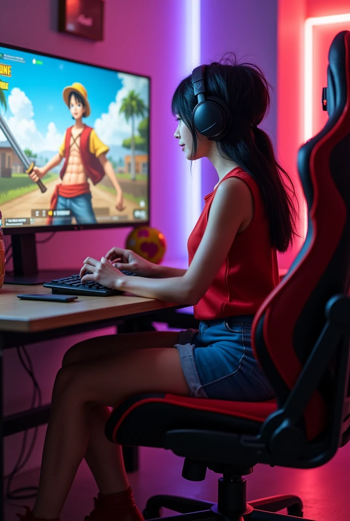 Girl dressed as monkey d luffy and streaming pubg Mobile  game in YouTube 
