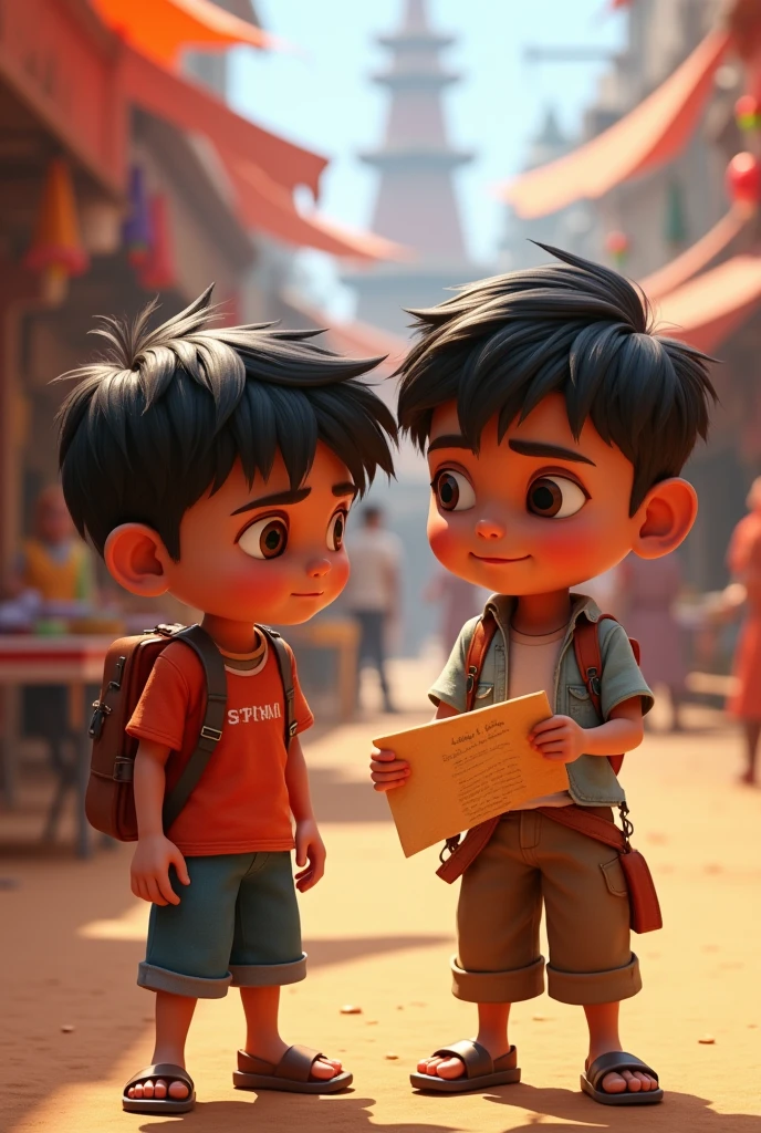3d cinematic cartoon style image of two gentle boy"Shyāmū, with a determined look, is searching for the document. Ramū, visibly relieved, stands nearby. The scene captures their teamwork and the busy mela in the background."
