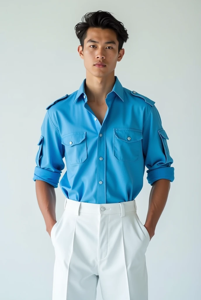 Youthful men's uniform with cyan blue shirt with details and cargo pocket on the sleeves and white high-waisted palazzo-style pants with darts