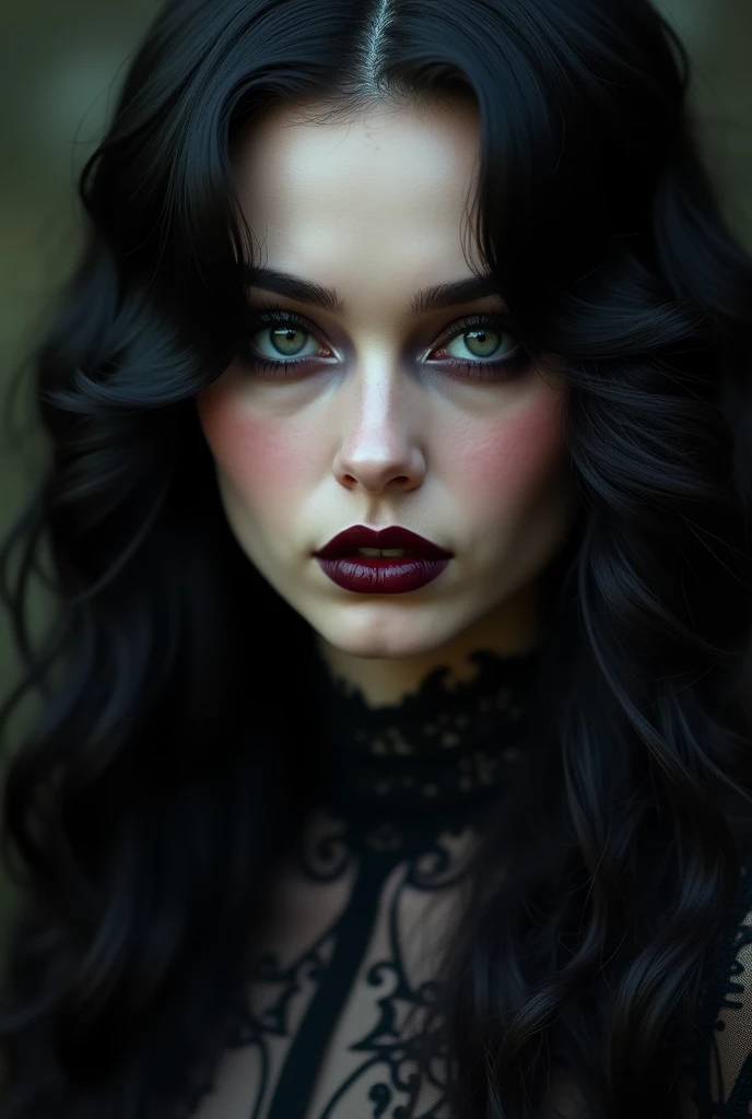 a black-haired woman's face , big and long curls, black eyes, Wine-colored lips and smokey makeup with a gothic aura. A little bit wide cheeks