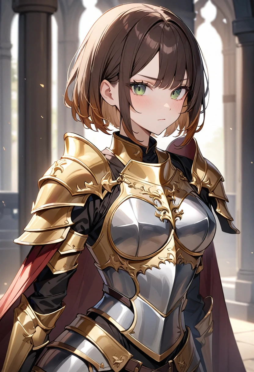 (masterpiece, top quality, very aesthetic, 4k、illustration), ()、intricate detail, 1woman,solo,contrapposto 、(gradient eyes、tareme)、very short hair、asymmetrical bangs,Fair skin,(upper body)、beautiful women、clear face、Serious Face、(Full Plate Armor、waist-cape armor),beautiful face、(gradient hair)、(brown hair)、sidelock ,,green eyes、Knight　Armor、Full Body gold Armor、medium breasts、slender 、Cape