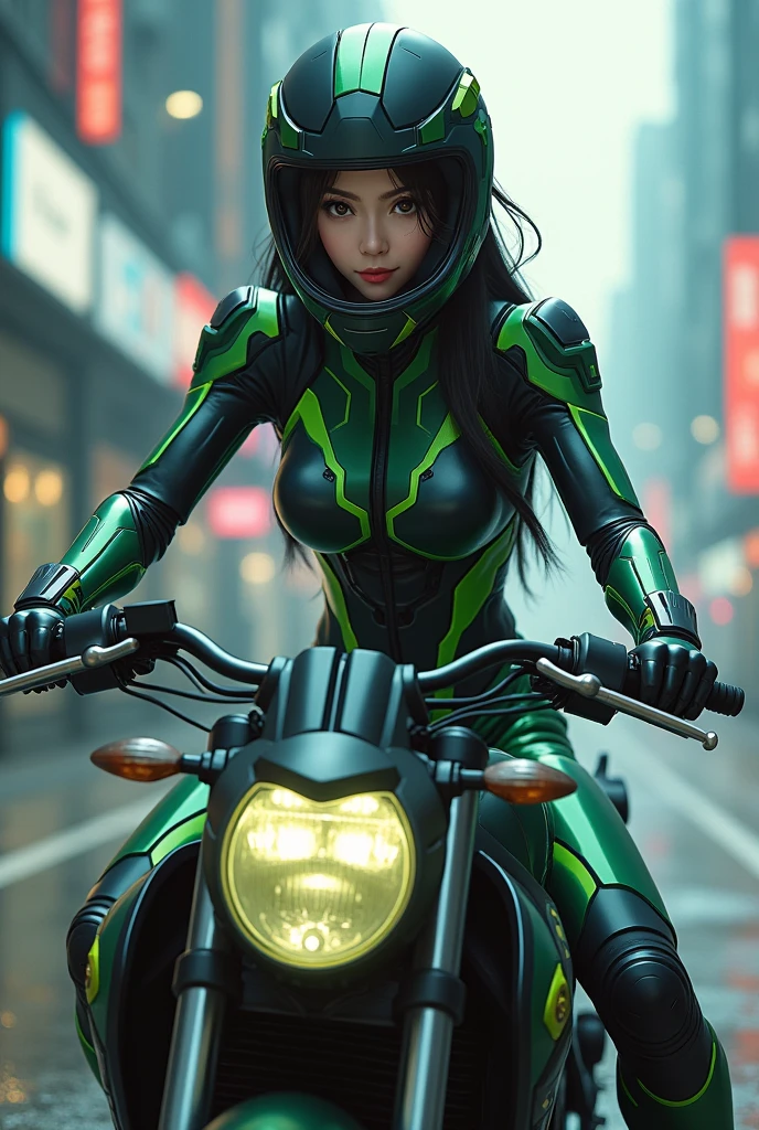Maximum image quality, outstanding details, ultra high resolution, (Realism: 1.4), the best illustration, favor details, 1 very condensed girl, with a delicate and beautiful face, dressed in a black and green wick, wearing a mecha helmet, holding a directional controller, ride a motorcycle, The background is a high-tech lighting scene of the future city where you can see her tits and she has a big butt.