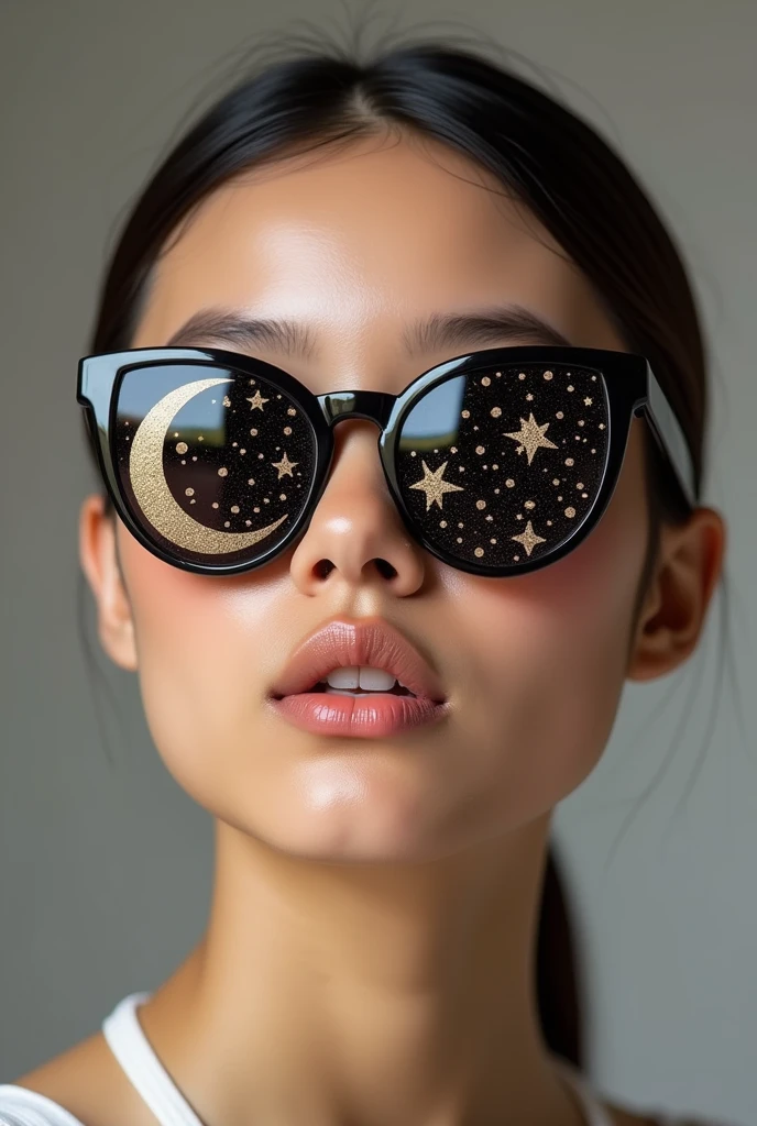 The model is wearing glass sunglasses with stars and the moon on the glass