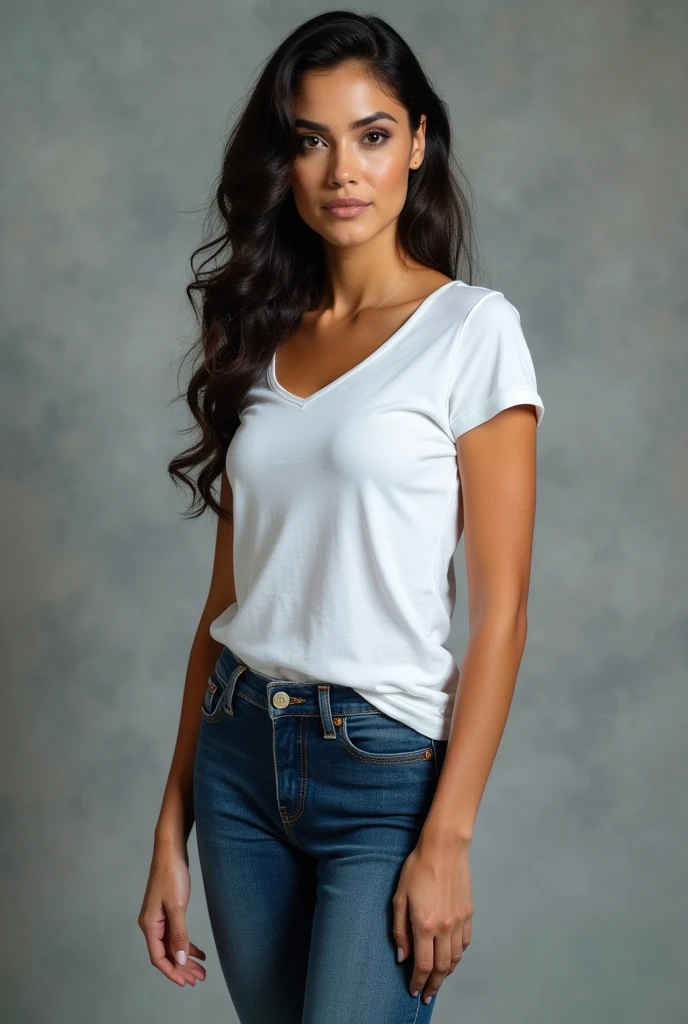 beautiful latin woman,  standing straight facing forward,with white t-shirt, denim jeans pants, on a greyish background, cotton t-shirt texture, fitted t-shirt, round neck, striped tights. Medium camera shot.