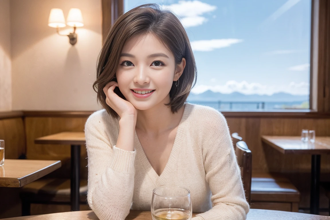 ((Highest quality、8k、masterpiece:1.3))、slimカップル、modelカップル、(Realistic, Intricate details:1.2), full-course dinner、Whiskey bottle and glass on the table、Single Malt、scotch、Shot Glass、On the rock、Scotland、Amazing view of the sunset sky and clouds、A bright smile、The wonderfulness of smile、 Beautiful Face, blue eyes, The light shines on your face, blush, short hair,Bright Face、 (Age 37), 3,Two beauties、Brown Hair、Shortcuts、Long sleeve shirt、dress、Beautiful woman 1, (slimな顔), (The body is slim), (Brown Hair), (Shortcuts), cheeks turn a little red,Attractive beauty、restaurant, In a prominent place (From the waist up) Nova Frog Style, actress, model, Upper Body, White wine, slim, smile, (smile: 1.15), Beautiful fine grain, Depth f/2,saturation, High Contrast, Strong light and shadow,Moist Body:1.5、3D texture、Delicate eyes、Brown Hair、The hair is very shiny、