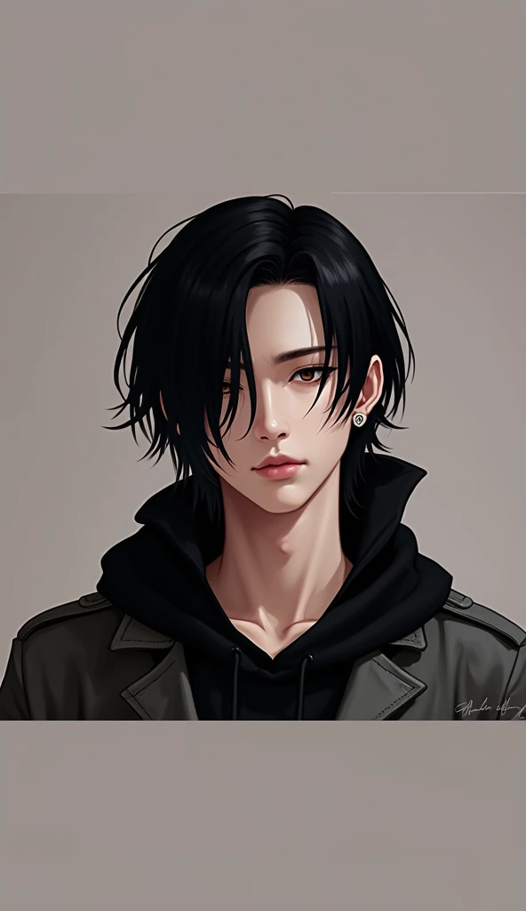 1boy, solo, looking at viewer, short hair, bangs, simple background, black hair, jewelry, earrings, black eyes, lips, mouth hold, piercing, ear piercing, portrait, realistic