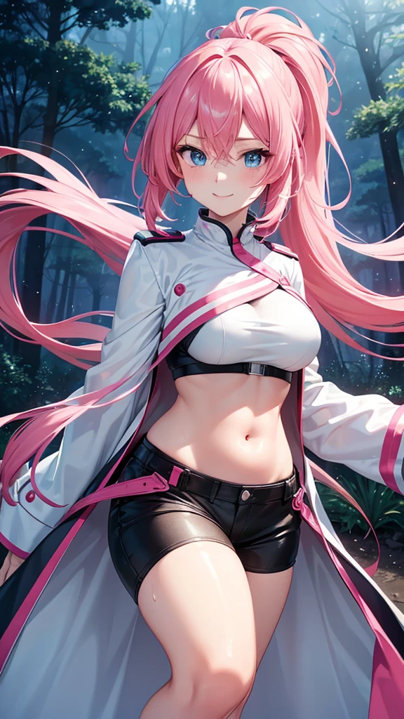 ((high quality)),beautiful ponytail, pink hair, black hot pants, beautiful slender legs, night forest, perfect anatomy,beautiful blue eyes, beautiful breast, stare into the camera, beautiful limbs, exposed abdomen, beautiful smile, with a voluptuous body,sweat, wearing white long coat