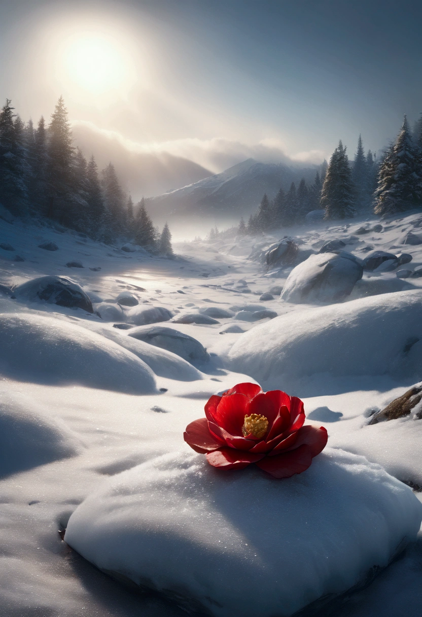 a vibrant red single camellia, blooming in freshly fallen snow, creating a stunning contrast, a snowy landscape, mysterious glimmering diamond dust, sun pillars, cinematic lighting, dramatic mood, hyper-detailed, (best quality,4k,8k,highres,masterpiece:1.2),ultra-detailed,(realistic,photorealistic,photo-realistic:1.37),intricate details, icy crystals, dramatic lighting, moody atmosphere, soft focus, serene, ethereal, ominous, frozen, magical, awe-inspiring, sublime, winter wonderland