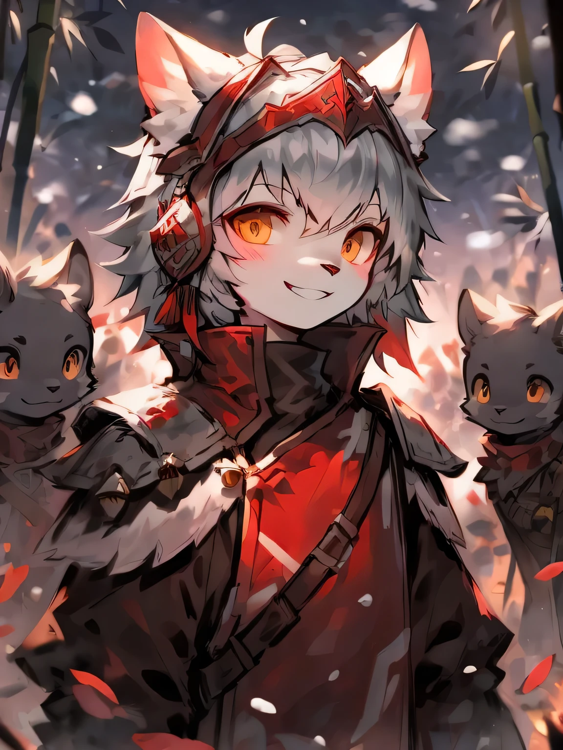 furry spider black fur crimson pattern neck band black and gold bell winter bamboo forest traditional Chinese clothing low light night front view snow scene candied haws smile helmet armor camellia male silver hair general weapon battlefield
