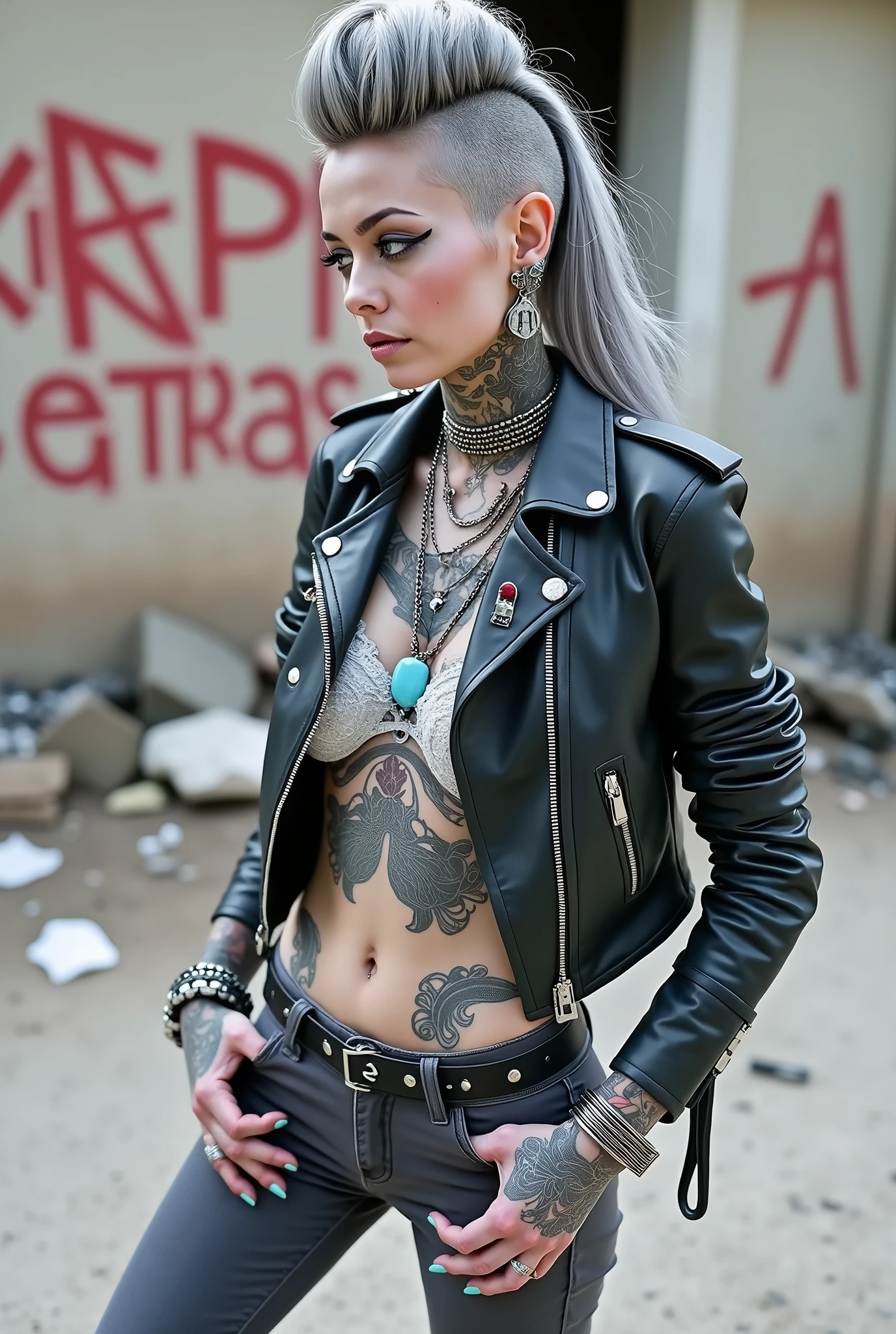 russian milf woman, grey  hair (pouf, shaved sides, top bun), with very light blue eyes, extremely pale skin. All neck tattooed. All stomach tattoed. .All hands tattooed.Wearing aged black moto jacket with lots of zippers and pins, flipped up collar. Expensive black lace bra.. Dark grey  skinny  low rise jeans with holes. wide black studded belt. hands in pockets, chin up, stretching her neck , humble facial expression.. Listening with tilted head, looking up to somebody more clever  speaking to her. Well toned abdominals, thin neck, slim legs and thin arms. Narrow hips. Lots of metal collars and necklaces, lots of chain pendants. Lots of metallic bracelets. Dirt street in Kenyan village full of waste. Lots of silver bracelets. A lot of tanned fat women  in traditional dresses around looking down at her